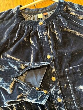 Festive, cozy, slate blue crushed velvet collarless long sleeve button down top